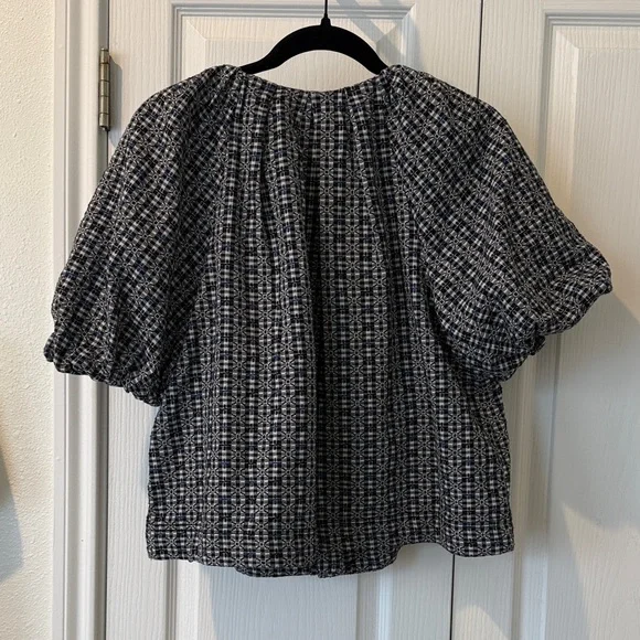 Free People Kiko Top Black Blue Printed Button Front Puff Sleeve Blouse Size M - Picture 9 of 9